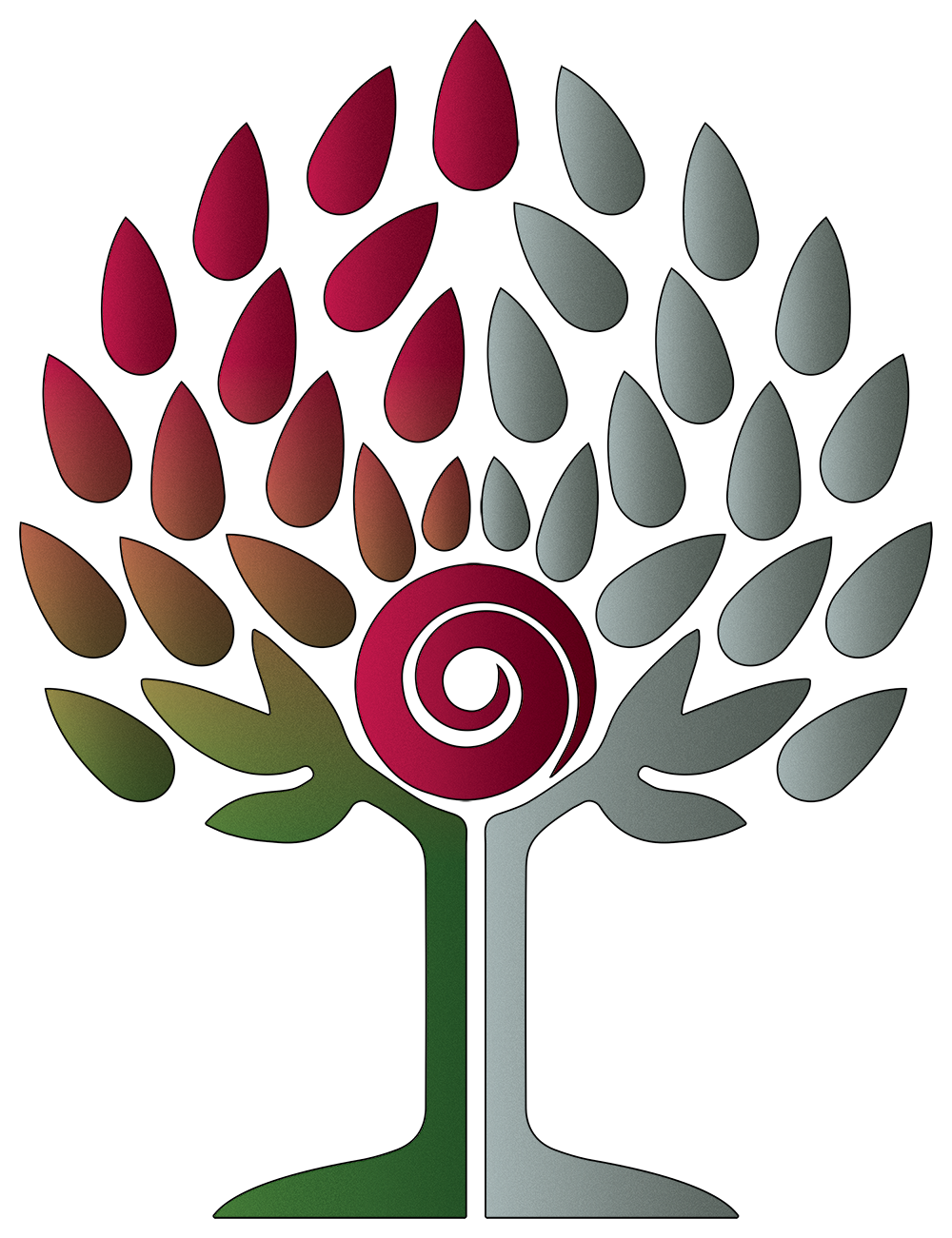 Cherry Hill Seminary logo - a tree divided between life and death with a spiral in its center